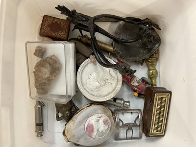 Lot 265 - Group of miscellaneous items to include a Georgian silver shoe buckle, antique spurs, cameo carved shell, antique horn and bone snuff box etc