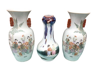 Lot 718 - Pair of Chinese Republic period porcelain baluster vases decorated with figures and calligraphy, 43cm high, and another Chinese garlic vase