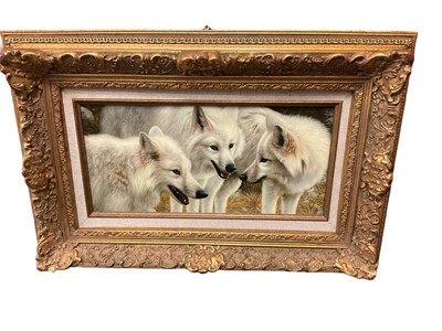 Lot 592 - 20th century, oil on board, Timber wolves, 18 x 39cm, framed