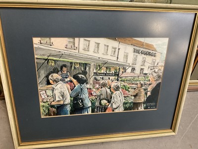 Lot 585 - Henry Hughes - watercolour, market, high street, Colchester, signed and dated 93, 18 x 29cm, glazed frame, and two prints of Colchester scenes