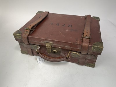 Lot 976 - Good quality Henry Atkin Ltd. leather and brass mounted cartridge magazine with oak lined interior, initialled A.A.J.B to lid, 29.5cm x 40cm