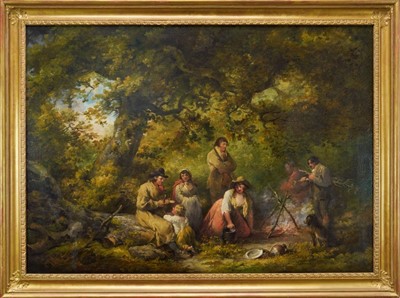 Lot 894 - George Morland (1763-1804) oil on canvas - Figures around a Campfire, signed and dated 1791, 93cm x 127cm, in gilt frame