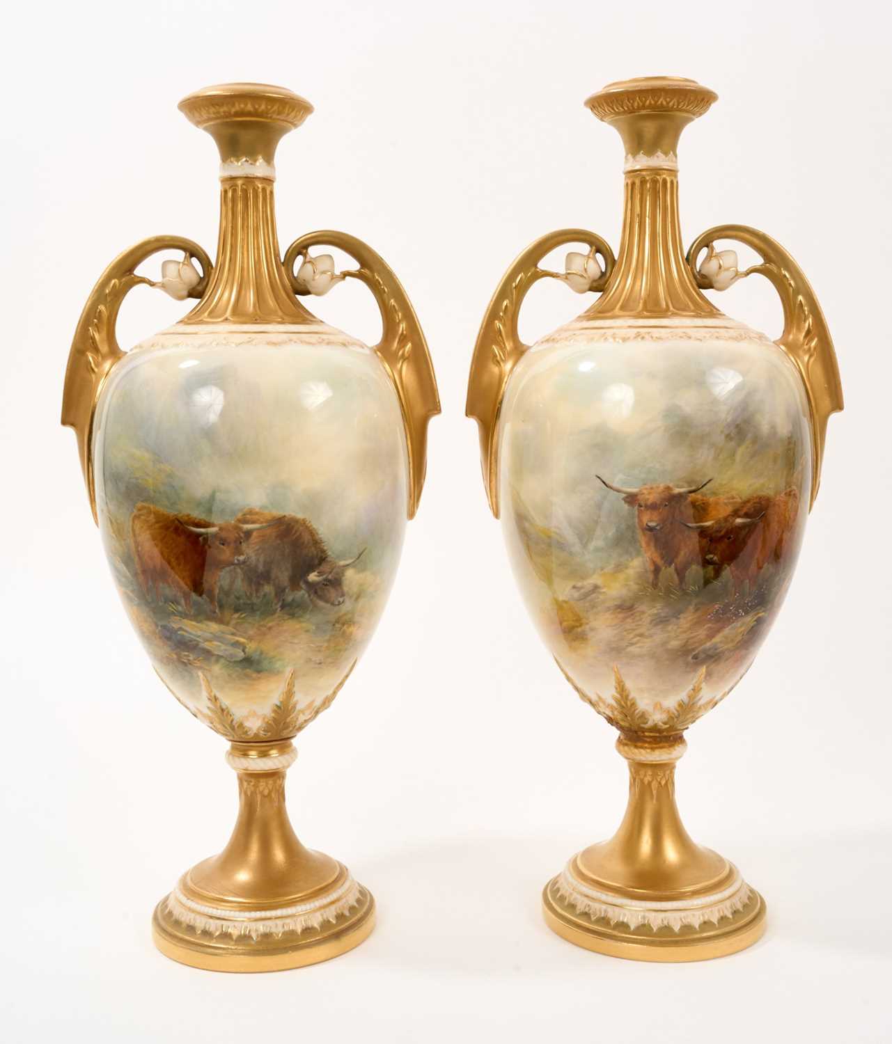 Lot 86 - Large pair of Royal Worcester vases, decorated with cattle by James Stinton