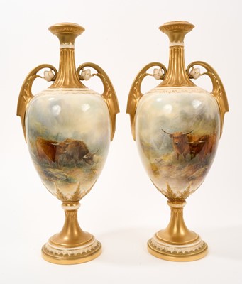Lot 86 - Large pair of Royal Worcester vases, decorated with cattle by James Stinton