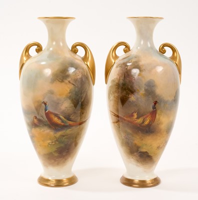 Lot 87 - Pair of Royal Worcester vases decorated with pheasants by James Stinton