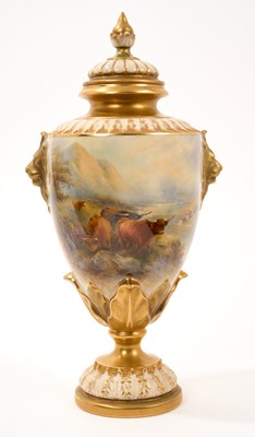 Lot 88 - Royal Worcester vase and cover decorated with highland cattle by James Stinton