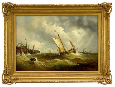 Lot 1217 - John Moore of Ipswich (1820-1902) oil on canvas - Shipping off a Pier, signed, 46cm x 66.5cm, in gilt frame