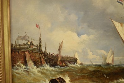 Lot 1217 - John Moore of Ipswich (1820-1902) oil on canvas - Shipping off a Pier, signed, 46cm x 66.5cm, in gilt frame