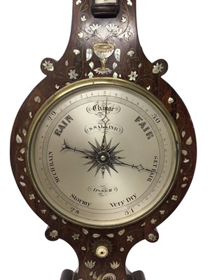 Lot 88 - Early Victorian rosewood and mother of pearl inlaid barometer, signed S. Salkind, Ipswich