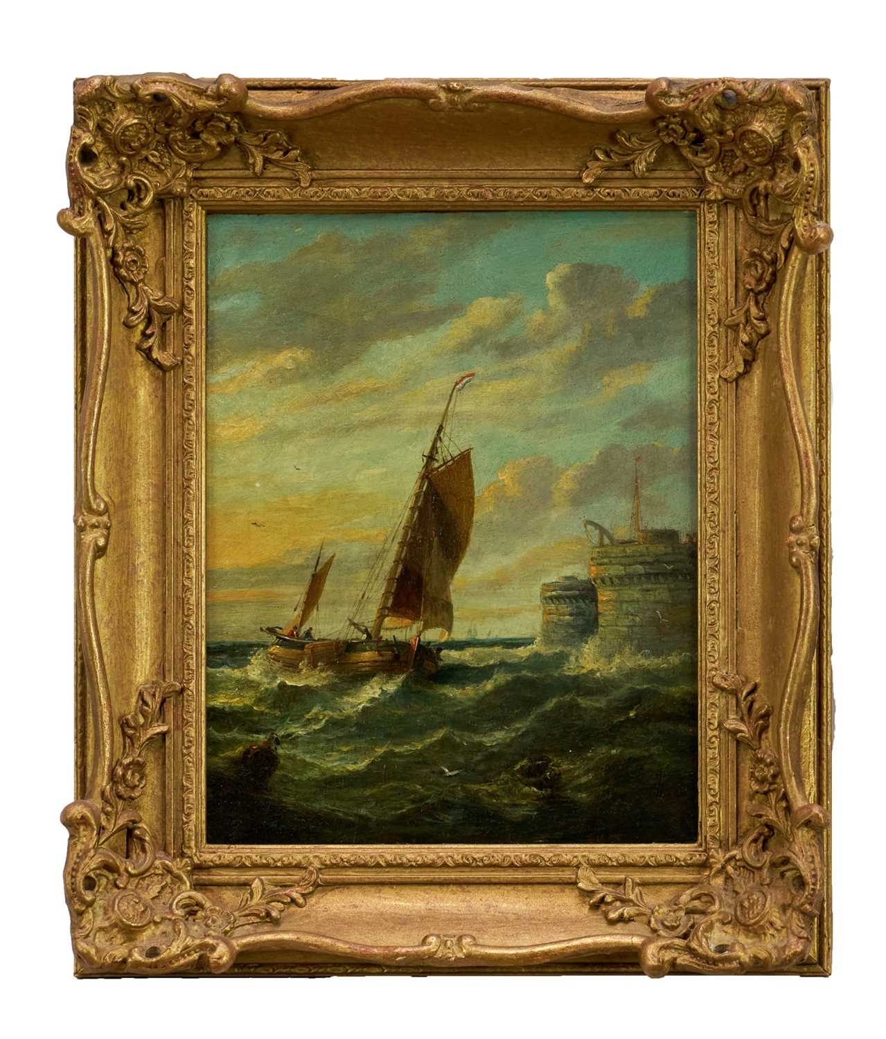 Lot 1216 - John Moore of Ipswich (1820-1902) oil on panel - Fishing Boat off the Harbour, 27cm x 21.5cm, in gilt frame