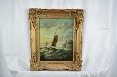 Lot 1216 - John Moore of Ipswich (1820-1902) oil on panel - Fishing Boat off the Harbour, 27cm x 21.5cm, in gilt frame