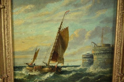 Lot 1216 - John Moore of Ipswich (1820-1902) oil on panel - Fishing Boat off the Harbour, 27cm x 21.5cm, in gilt frame