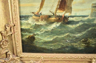 Lot 1216 - John Moore of Ipswich (1820-1902) oil on panel - Fishing Boat off the Harbour, 27cm x 21.5cm, in gilt frame