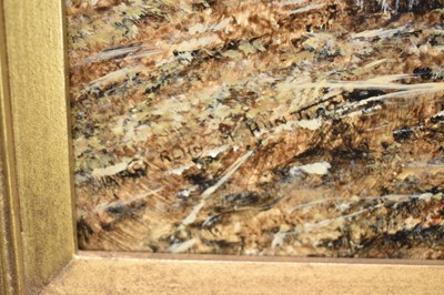 Lot 893 - *Alan M. Hunt (b.1947) oil on board - A Lion, signed, dated '99, further signed verso, 31cm x 20cm, in gilt frame