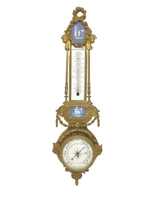 Lot 710 - Ornate 19th century French ormolu and porcelain mounted barometer, later painted dial, signed Thierry a Paris