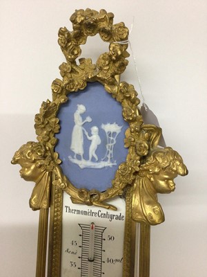 Lot 710 - Ornate 19th century French ormolu and porcelain mounted barometer, later painted dial, signed Thierry a Paris