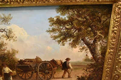 Lot 1214 - Thomas Smythe (1825-1906) oil on panel - Family Group and a wagon in a lane, signed, 25cm x 38cm, in gilt frame
