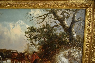 Lot 1215 - Thomas Smythe (1825-1906) oil on panel - Gathering Holly in a Snowcovered Lane, signed, 25.5cm x 38cm, in gilt frame