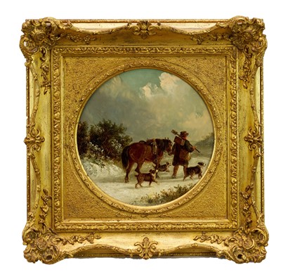 Lot 1212 - Thomas Smythe (1825-1906) pair of oils on canvas laid on panel - Snow Covered Landscapes, Homeward Bound, signed, 21cm tondo