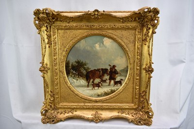 Lot 1212 - Thomas Smythe (1825-1906) pair of oils on canvas laid on panel - Snow Covered Landscapes, Homeward Bound, signed, 21cm tondo