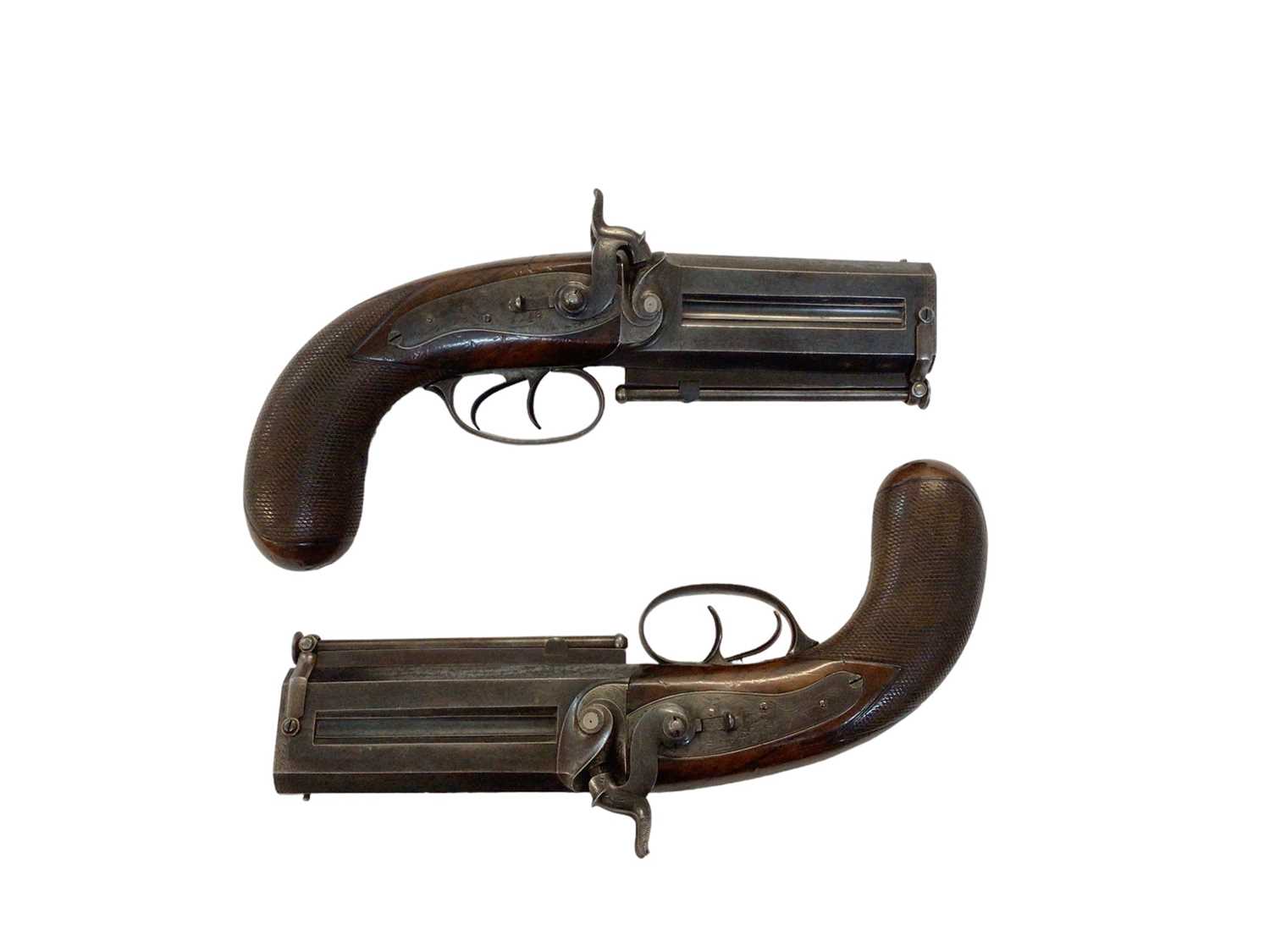 Lot 1000 - Fine pair mid-19th century double barrelled over and under 16 bore percussion overcoat/ Officers pistols