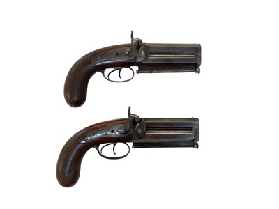 Lot 1000 - Fine pair mid-19th century double barrelled over and under 16 bore percussion overcoat/ Officers pistols