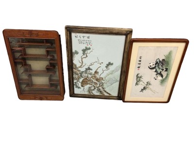 Lot 579 - Large Chinese panel painted with monkeys and calligraphy, together with a Chinese panda embroidery and a hanging display case