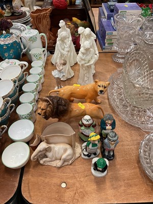 Lot 538 - Group of Royal Worcester figures, Beswick Lions and sundry china ornaments.