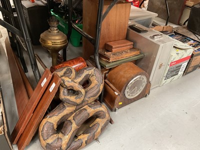 Lot 553 - 1930's mantle clock clock, snake ornament, oil lamp and sundries.