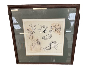 Lot 741 - English School, mixed media study of goats, signed S.H., glazed frame together with two similar framed sketch groups, possibly by the same hand. (3)