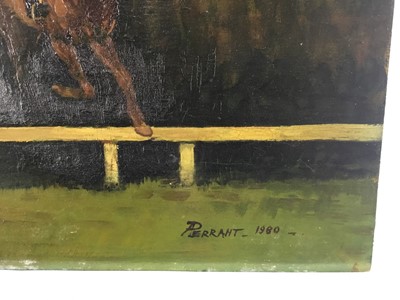 Lot 72 - P H Perrant oil on board - La Corsa, signed and dated 1980, 30cm x 40cm, unframed