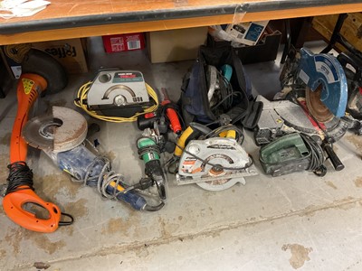 Lot 759 - Draper compound mitre saw, Flymo strimmer, grinder, sanders and other power dolls.