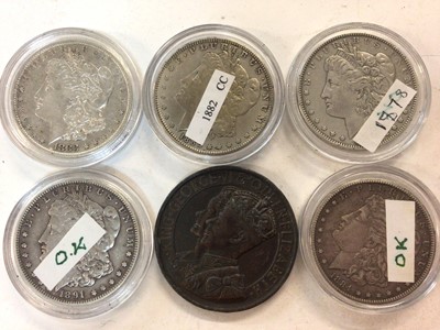 Lot 469 - U.S. - Carson City Mint silver Dollars to include 1878 GF, 1882 GF-AVF, 1883 GVF, 1884 GVF, 1891 GVF and G.B. George V copper Coronation Medallion 1937 AVF (5 coins & 1 medallion)