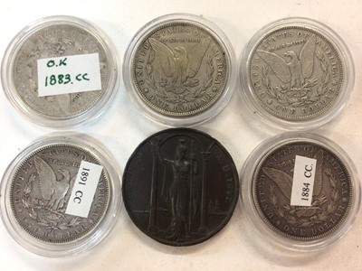 Lot 469 - U.S. - Carson City Mint silver Dollars to include 1878 GF, 1882 GF-AVF, 1883 GVF, 1884 GVF, 1891 GVF and G.B. George V copper Coronation Medallion 1937 AVF (5 coins & 1 medallion)