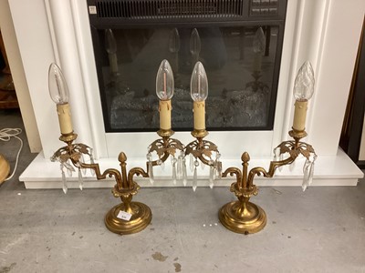 Lot 838 - Pair of brass twin branch candelabra with prismatic drops