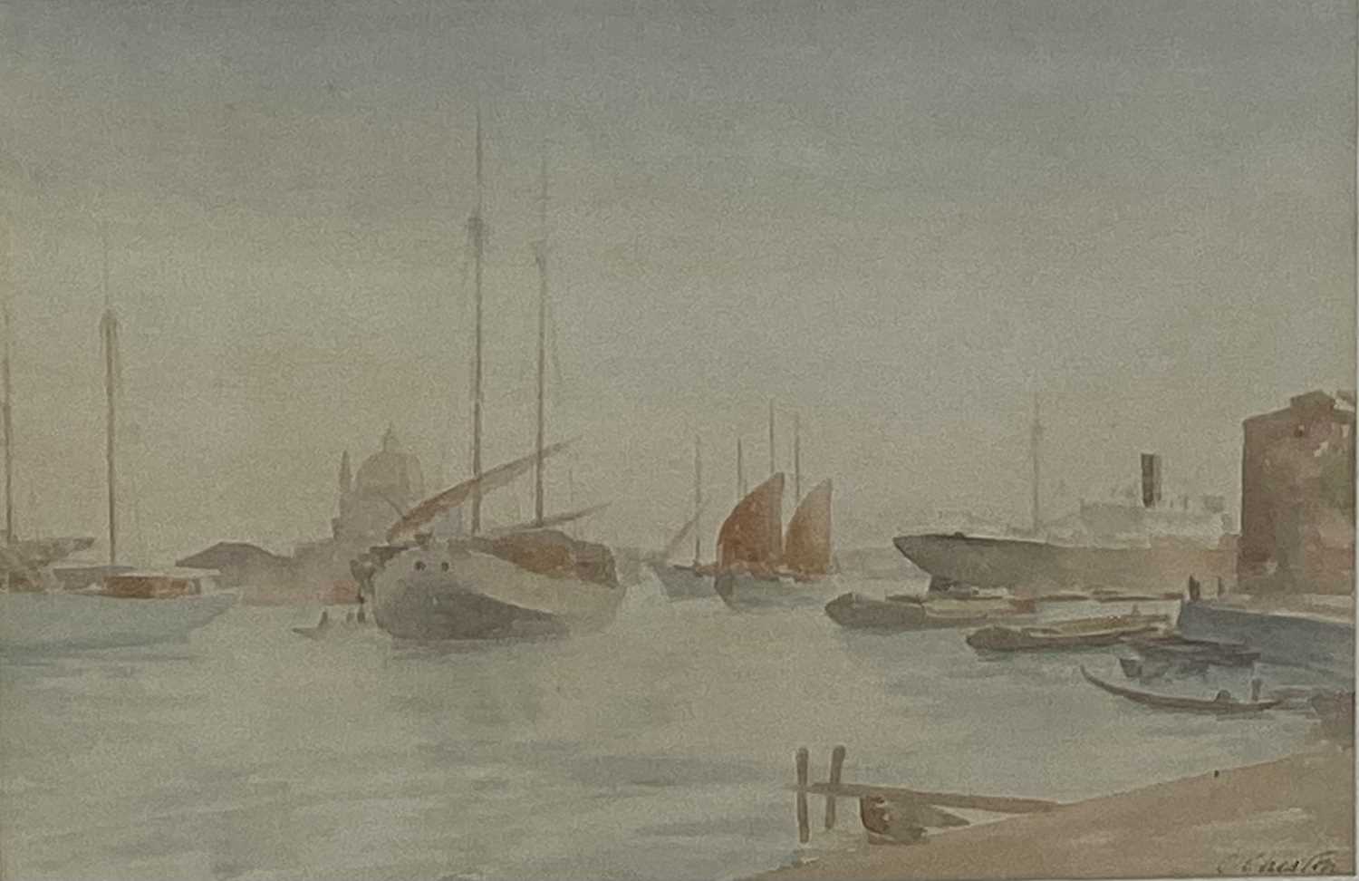 Lot 178 - Of local interest: Charles Cheston (1882-1960) watercolour, The Guidecca, Venice, signed, 23 x 33cm, Royal Society of Watercolourists label verso, glazed frame