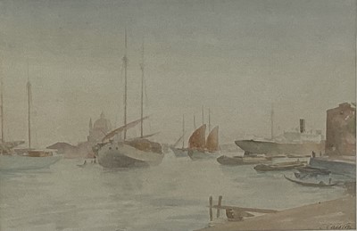 Lot 135 - Of local interest: Charles Cheston (1882-1960) watercolour, The Guidecca, Venice, signed, 23 x 33cm, Royal Society of Watercolourists label verso, glazed frame