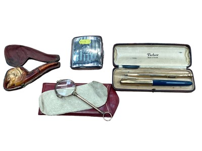 Lot 2527 - Silver cigarette case, together with a meerschaum pipe (cased), folding lorgnettes, Parker pen and extending pencil
