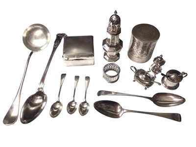 Lot 33 - Group of silver to include pair of Georgian tablespoons, three teaspoons, cigarette box, octagonal sugar castor, a napkin ring, Eastern white metal box and some plated items