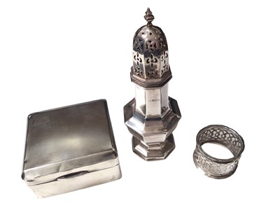 Lot 33 - Group of silver to include pair of Georgian tablespoons, three teaspoons, cigarette box, octagonal sugar castor, a napkin ring, Eastern white metal box and some plated items