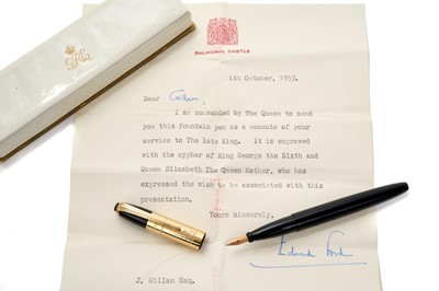 Lot 12 - T.M.King George VI and Queen Elizabeth, scarce Royal presentation fountain pen in box with letter, given in memory of H.M.King George VI