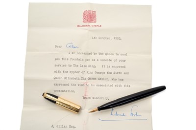 Lot 12 - T.M.King George VI and Queen Elizabeth, scarce Royal presentation fountain pen in box with letter, given in memory of H.M.King George VI