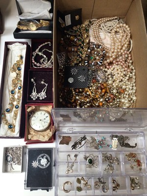 Lot 72 - Group of costume jewellery and bijouterie including a silver cased pocket watch, Egyptian silver pendant on silver chain, various earrings, cultured and simulated pearls etc