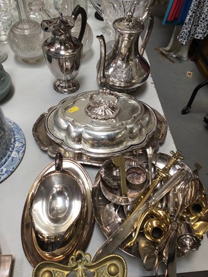 Lot 332 - Group of silver plate and other metal wares including a plated tea and coffee pot, plated tureen with cover, assorted flatware and a brass inkwell