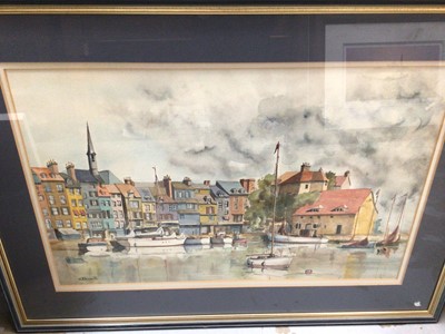 Lot 755 - Large group of pictures and prints including a watercolour study 'Harbour at Honfleur', other landscape scenes, Latest Paris Fashions etc