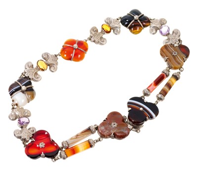 Lot 472 - 19th century Scottish hardstone, agate and gem set silver necklace, 41cm long