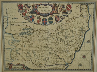 Lot 1087 - 17th century hand coloured engraved map of Suffolk by Janssonius, 38cm x 49cm, in glazed frame
