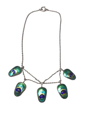 Lot 3 - Art Nouveau style white metal and enamel necklace with five suspended pendants resembling peacock feathers, 36cm long