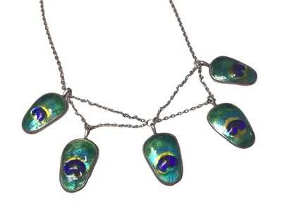 Lot 3 - Art Nouveau style white metal and enamel necklace with five suspended pendants resembling peacock feathers, 36cm long