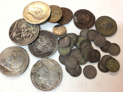 Lot 490 - World - Mixed coinage to include Ancient Greek, Roman, G.B. silver Crowns 1820 poor, 1894G, France silver 5 Francs 1814A, 1821W (N.B. Both ex mount), 1829D (N.B. Rev: Water damaged)